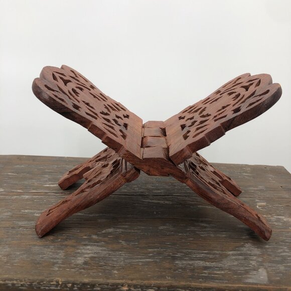 Vintage Teak Wood Book Stand Holder Hand Carved Kitchen Stand Fall Floral Leaf - Picture 6 of 10